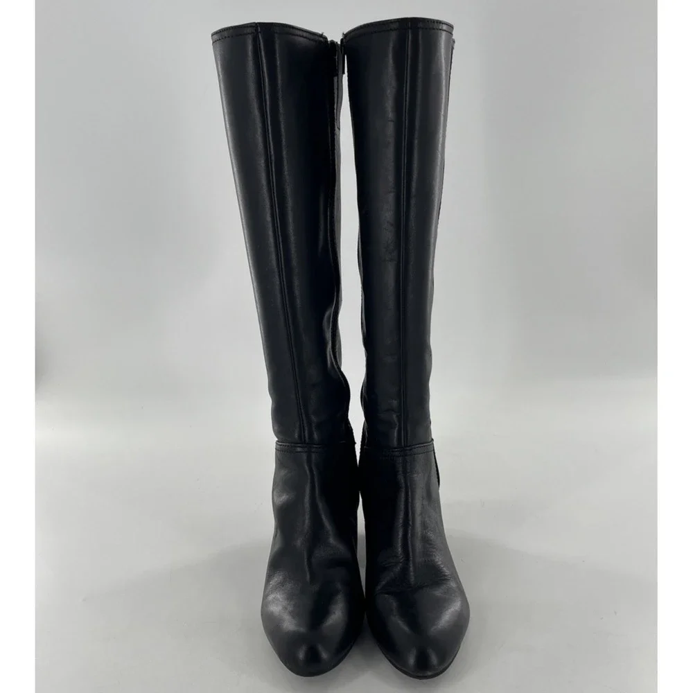Nine West Knee High Leather Tall Dress Boots Black 9 Mid Heel Side‎ Zip Alysia